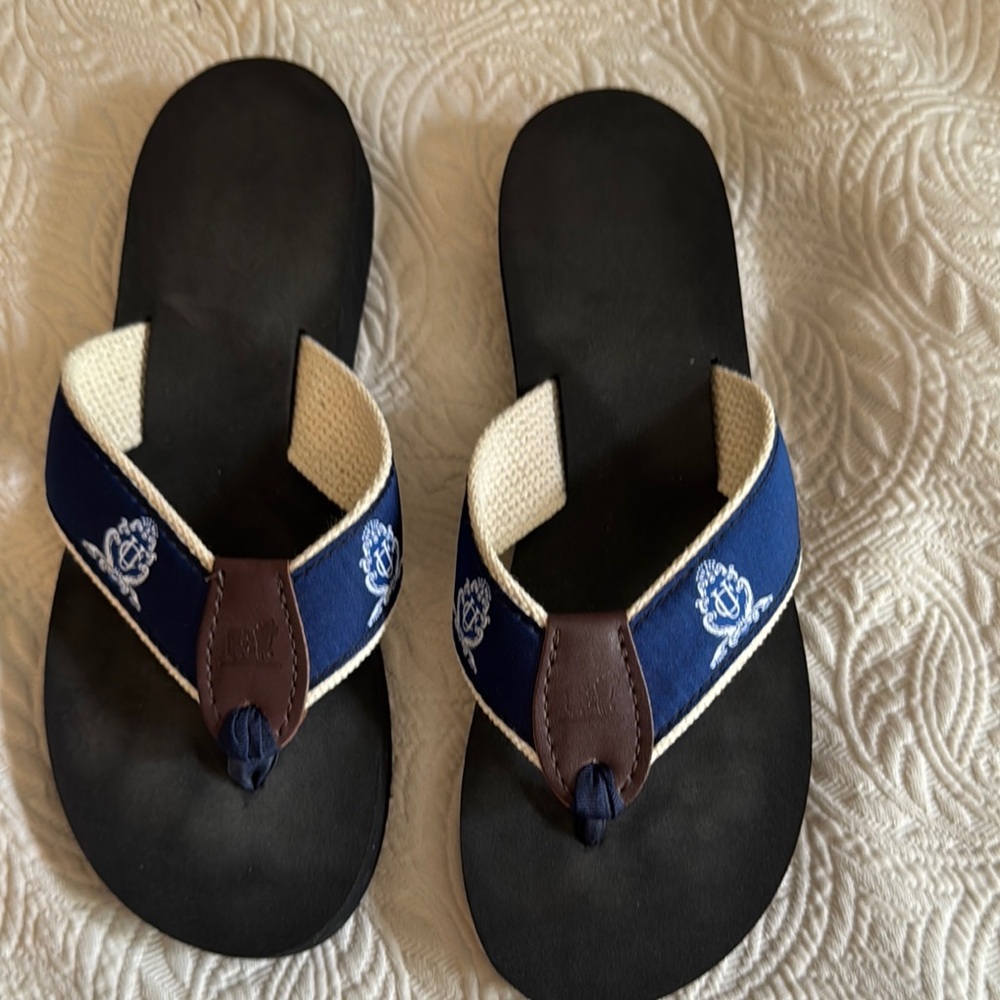 Belted cow Navy and Cream Flip Flops, 9